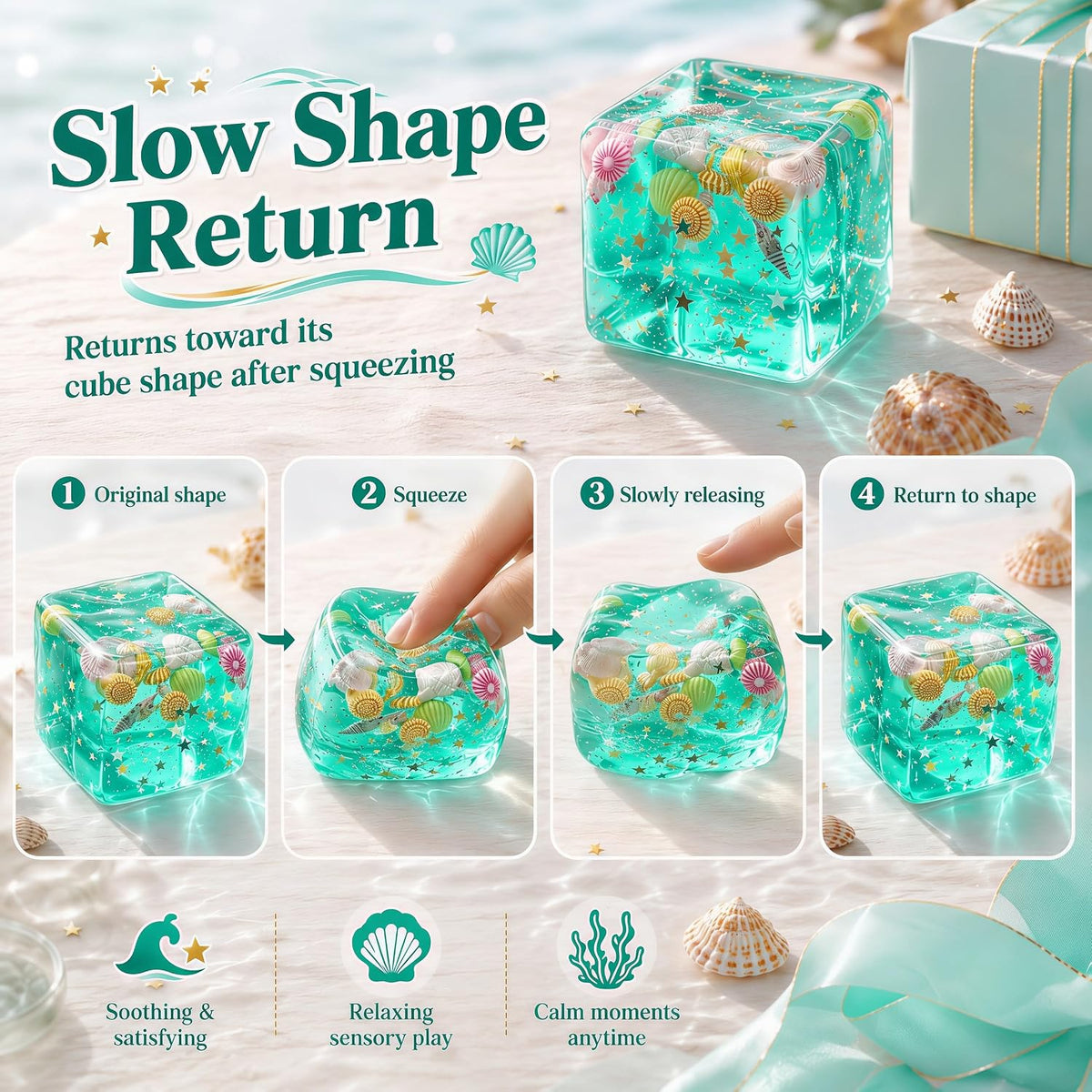 Ocean-Inspired Squishy Fidget Cube with Seashell Accents – Cute Squeeze Toy & Gift