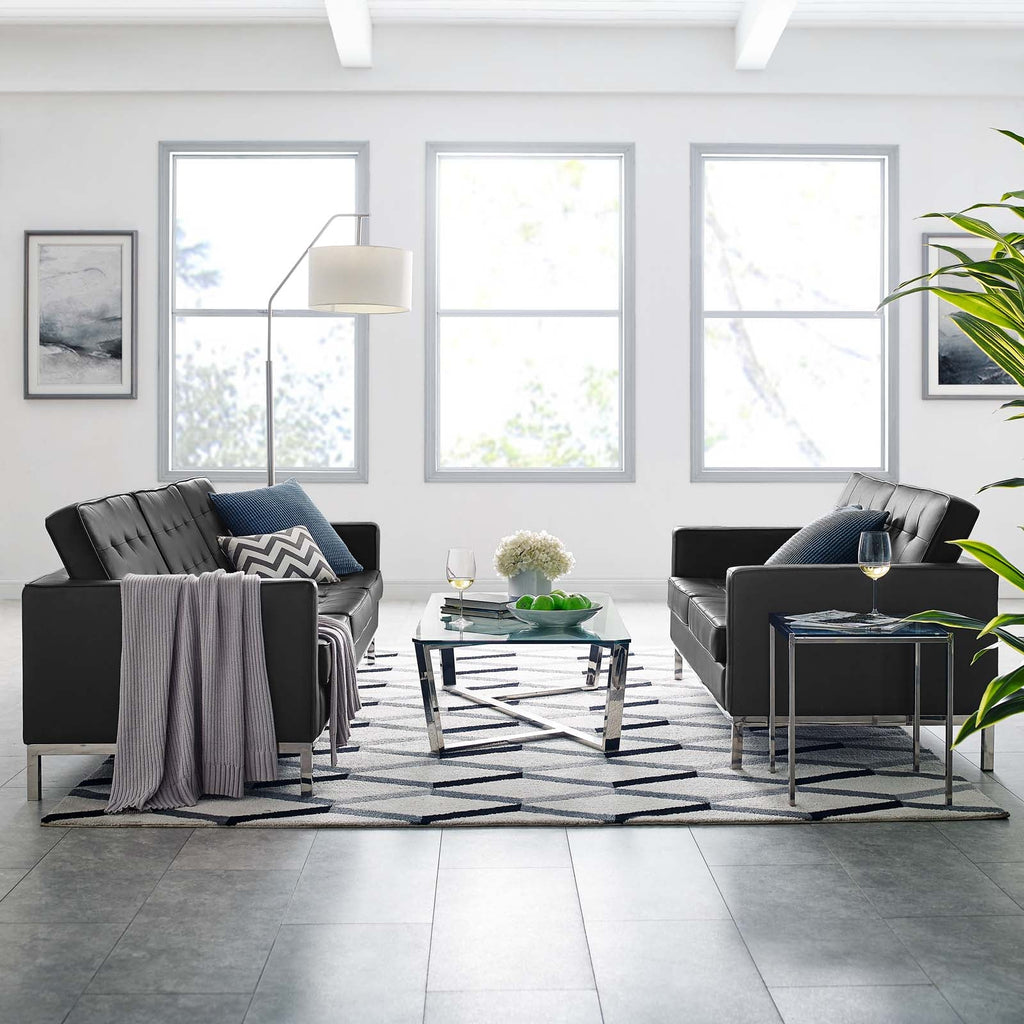 Loft Tufted Upholstered Faux Leather Sofa and Loveseat Set